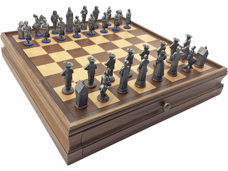 Three Musketeers Antique Finish Chess set with case with drawers and built-in Board.