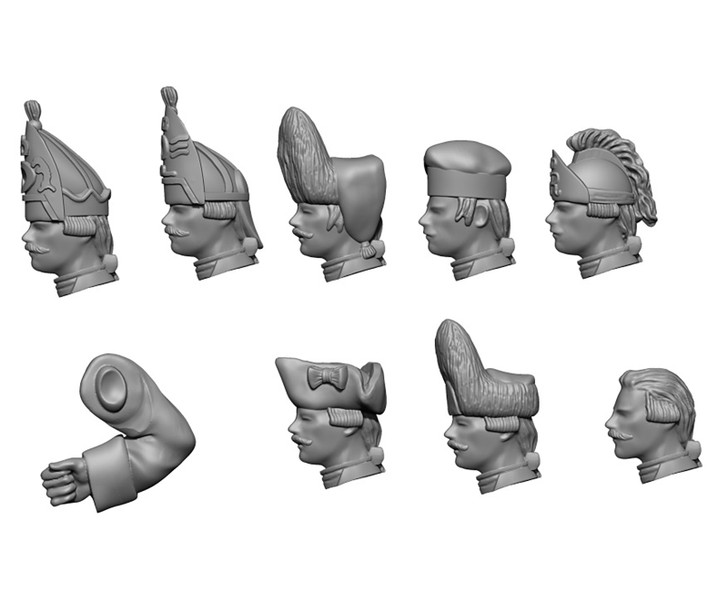 The selection of heads and arms in one of the moulds. See description for details.