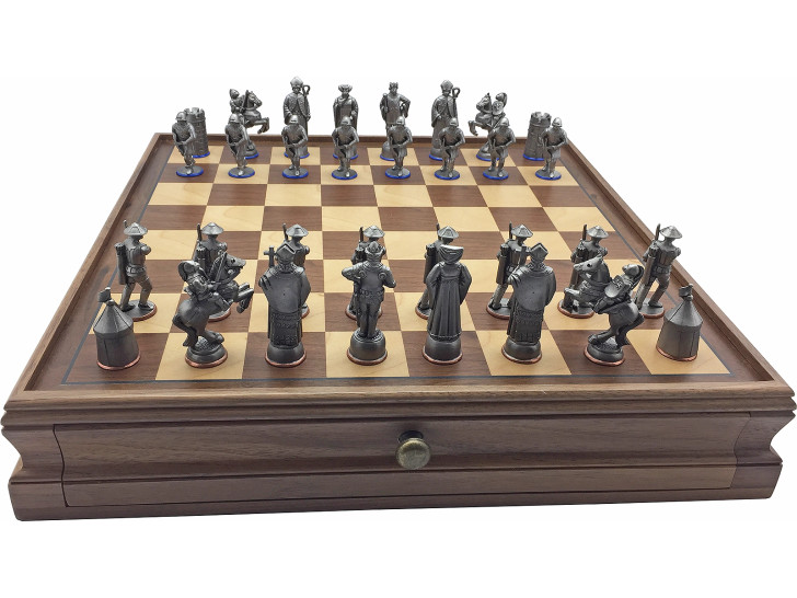 Medieval Battle of Agincourt Antique Finish Chess set with case with drawers and built-in Board.