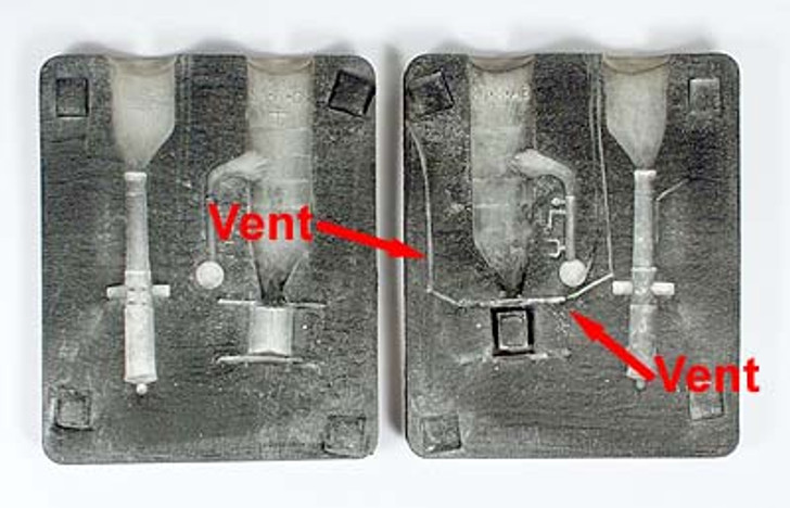 Venting instructions to improve the casting from this mould. Vents cut into mould surface