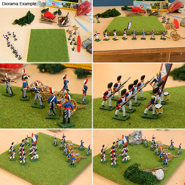 Square board diorama with napoleonic soldiers.