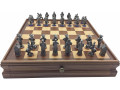 Three Musketeers Antique Finish Chess set with case with drawers and built-in Board.