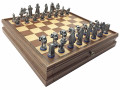 Fantasy Chess Set on wooden case with drawers and built-in board.