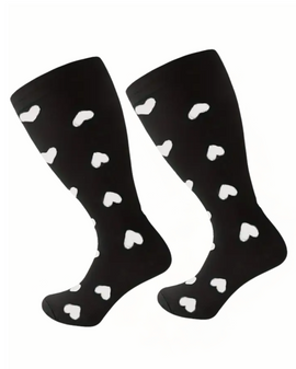 Black Compression Socks with White Hearts, Ladies Black Compression Socks with White Hearts, 4XL Compression Socks, Black Compression Socks, Compression Socks with Hearts, White Heart Compression Socks, Plus Size Compression Socks, Extra Wide Compression Socks, Love Heart Compression Socks, Wide Calf Compression Socks, Big and Tall Compression Socks, Compression Socks 4XL, Patterned Compression Socks, Cute Compression Socks, Heart Print Socks, Women’s 4XL Compression Socks, Stylish Support Socks