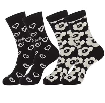 Love in Bloom Socks, Ladies Love in Bloom Socks, Ladies Love in Bloom Socks 2 pack, Ladies Monochrome Socks, Black and White Socks, Heart and Flower Socks, Love and Bloom Socks, Women’s Patterned Socks, Stylish Sock Set, Chic Monochrome Fashion, Floral Print Socks, Heart Print Socks, Elegant Women’s Socks, Minimalist Socks, Black and White Fashion Accessories, Trendy Women’s Socks, Romantic Socks, Classic Sock Pair, Love Pattern Socks, Modern Monochrome Style, Cozy Patterned Socks, Everyday Chic Socks, Fashionable Women’s Socks