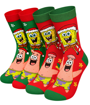 Ladies Socks, SpongeBob Socks, Patrick Socks, Christmas Socks, Holiday Socks, Cartoon Socks, Fun Socks, Festive Socks, Cute Socks, Character Socks, Gift Socks, Red Socks, Green Socks, Winter Socks, Novelty Socks, PopCulture Socks