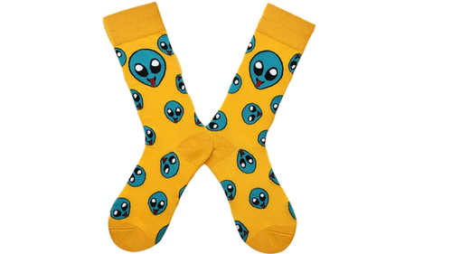 Men's Alien Head Socks, alien socks, alien head socks, head socks, novelty socks, novelty alien socks, yellow alien socks, sock boutique, perfect gift idea, cool socks, kiwi socks, nz socks