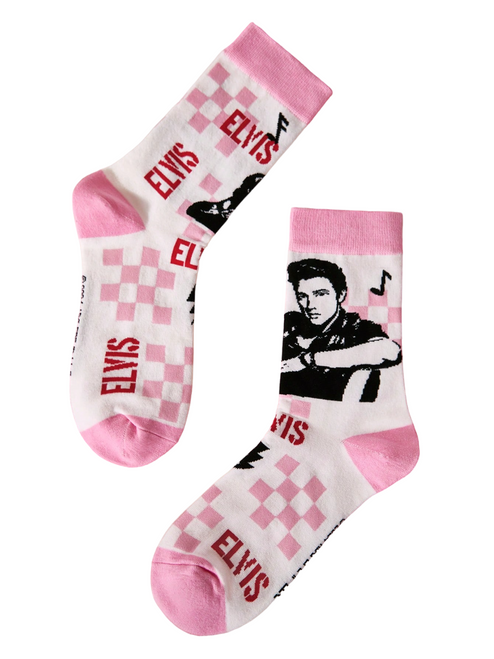 Pink & White Elvis Socks, Ladies Pink & White Elvis Socks, Elvis Socks, Elvis Crew Socks, Music Socks with Elvis