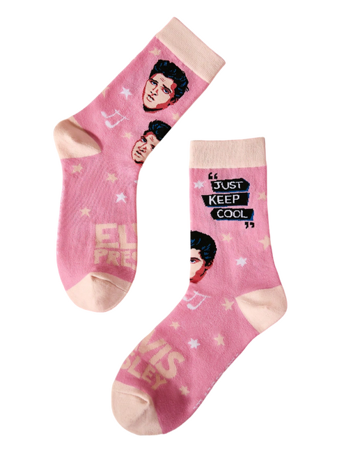 Ladies 'Just Keep Cool' Elvis Socks, Pink & White Elvis Socks, Ladies Pink & White Elvis Socks, Elvis Socks, Elvis Crew Socks, Music Socks with Elvis