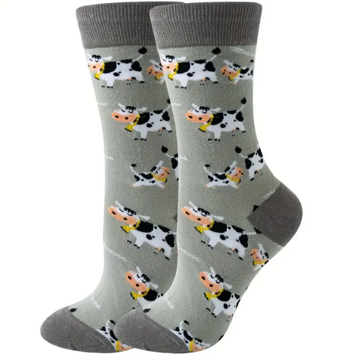 Grey Cow Socks, Grey Socks with Cows, Ladies Grey Cow Socks, Ladies Crew Cow Socks, Moo Socks, Ladies animal socks