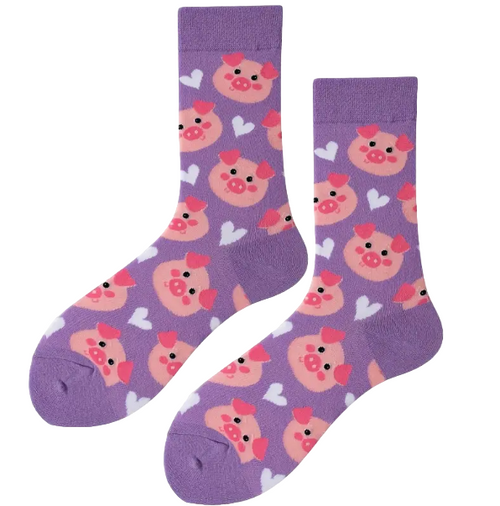 Pig Face Love Heart Socks, Ladies Pig Face Love Heart Socks, Pig Socks, Ladies Pig Face Socks, Love Heart socks, Ladies love heart socks, purple socks