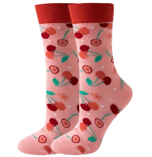 Pink Cherry Socks, Ladies Cherry Socks, Cherry Socks, Ladies Cherry Crew Socks