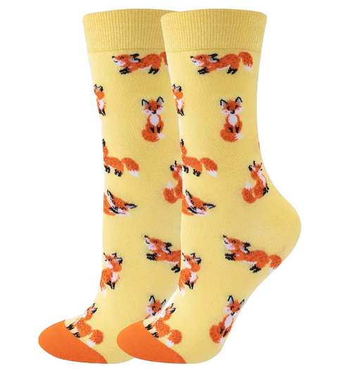 Yellow Fox Socks, Ladies Yellow Fox Socks, Fox Socks, Fox Crew Socks, Ladies socks with foxes