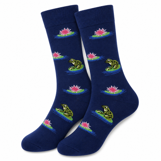 Pond Life: Frog Socks, Men's Pond Life: Frog Socks, Men's Frog Socks, Frog Socks, Frog Novelty Socks, Frog Pattern Socks, Lily Pad Socks, Men's Animal Socks, Pond Life Socks, Frog Crew Socks, Nature Socks, Wildlife Socks, Frog Lover Gift, Men's Novelty Socks, Fun Men's Socks, Frog Design Socks, Lily Pad Pattern Socks, Blue Dress Socks, Men's Dress Socks, Nature Lover Gift, Garden Theme Socks, Pond Theme Socks, Animal Print Socks, Unique Men's Socks, Casual Dress Socks, Men's Fashion Socks, Frog Gift For Men