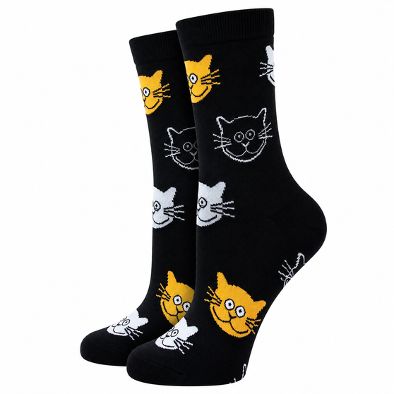 Ladies Black & Orange Cat Face Socks