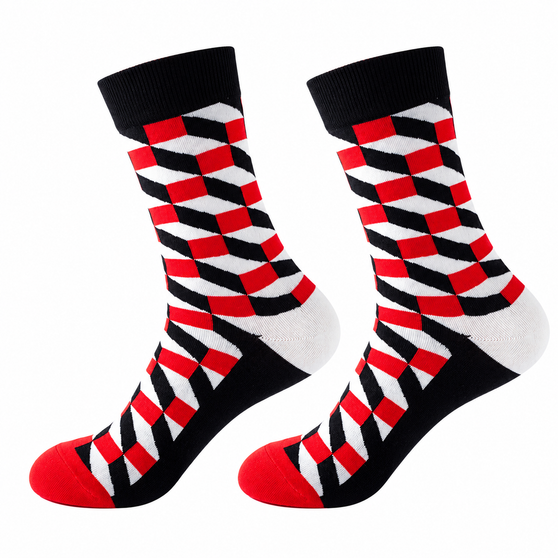 Scarlet Cube: Abstract Socks, Ladies Scarlet Cube: Abstract Socks, Ladies Optical Illusion Socks, Women's Optical Illusion Socks, Ladies Geometric Socks, Women's Geometric Socks, Red And Black Socks, Red Pattern Socks, Geometric Pattern Socks, Optical Pattern Socks, 3D Illusion Socks, Cube Design Socks, Ladies Novelty Socks, Women's Novelty Socks, Ladies Crew Socks, Women's Crew Socks, Patterned Women's Socks, Fashion Socks For Women, Modern Design Socks, Contemporary Pattern Socks, Red Geometric Socks