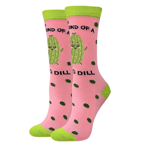 I'm Kind of a Big Dill Pink Socks, Ladies I'm Kind of a Big Dill Pink Socks, I'm Kind of a Big Dill socks, pickle-themed socks, dill socks, funny socks, quirky food socks, pun socks, vegetable socks, humorous pickle socks, food lover socks, fun pun socks, big dill socks, pickle lover socks, playful food socks, food humor socks, snack-inspired socks.