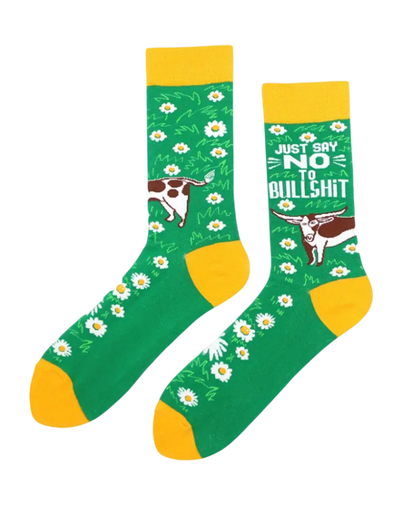 Just Say No to Bullshit Socks, Men's Just Say No to Bullshit Socks, bull socks, daisy socks, bold floral socks, socks with bull design, aesthetic socks, nature and animal socks, unique patterned socks, edgy socks, artistic socks, statement socks, socks with attitude, flower and animal socks, durable fashion socks, bull and daisy print socks, symbolic socks