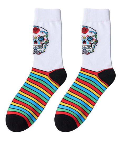 Skull Fiesta Striped Socks, Men's Skull Fiesta Striped Socks, Skull Fiesta Socks Mens, Mens Skull Socks, Sugar Skull Socks Mens, Striped Skull Socks, Mens Novelty Socks, Fiesta Theme Socks, Colorful Skull Socks, Mens Fun Socks, Day Of The Dead Socks, Bright Striped Socks, Mens Crew Socks, Unique Mens Socks, Festival Skull Socks, Mens Gift Socks, Patterned Skull Socks