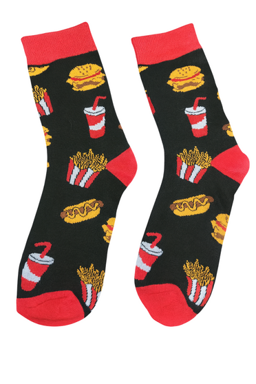 Snack Attack Fast Food Socks, Ladies Snack Attack Fast Food Socks, Ladies Fast Food Socks, Snack Attack Socks, Fun Food Pattern Socks, Novelty Ladies Socks, Burger And Fries Socks, Cute Food Design, Soft Cotton Socks, Comfortable Socks, Crew Socks, Colourful Ladies Socks, Gift For Her, Food Lover Socks, Everyday Wear Socks, Quirky Womens Accessories, Playful Pattern Socks