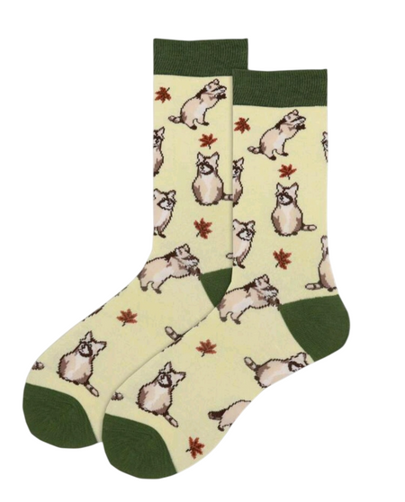 Forest Bandit: Raccoon Socks, Ladies Forest Bandit: Raccoon Socks, Forest Bandit Socks, Raccoon Socks, Ladies Socks, Woodland Socks, Critter Socks, Nature Socks, Cute Animal Socks, Fun Socks, Novelty Socks, Leaf Pattern Socks, Cozy Socks, Everyday Wear Socks, Gift Socks, Autumn Socks, Forest Animal Socks
