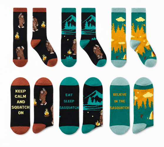 Sasquatch Adventure Trio, Ladies Sasquatch Adventure Trio, Ladies Sasquatch Adventure Trio 3 pack, Ladies’ Sasquatch Socks, Sasquatch Adventure Trio Socks, Ladies’ Bigfoot Socks, Sasquatch Sock 3 Pack, Bigfoot Sock 3 Pack, Funny Socks For Ladies, Novelty Socks For Ladies, Camping Socks For Ladies, Outdoor Adventure Socks, Cryptid Socks, Bigfoot Lover Gift, Sasquatch Gift For Ladies