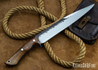 Lon Humphrey Knives: Bell Bowie - 52100 - Dark Curly Maple - Blue Liners - 030237