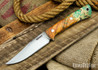 Lon Humphrey Knives: Minuteman 3V - Green & Orange Box Elder Burl - Blue Liners - 050481