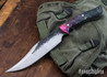 Lon Humphrey Knives: Gunfighter Bowie - 52100 - Black & Pink Box Elder Burl - Black Liners - LH27IG062