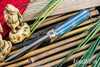 Bark River Knives: Kitsune Tanto - CPM 154 - Brass Bolster - Ghost Green Jade G-10 - Blue Liners - Mosaic Pins