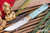 Bark River Knives: Kitsune Tanto - CPM 154 - Brass Bolster - Sea Blue G-10 - Pink Liner