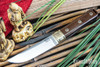 Bark River Knives: Kitsune Tanto - CPM 154 - Brass Bolster - Tan Burlap Micarta - Blue Liners - Mosaic Pins