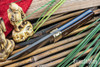 Bark River Knives: Kitsune Tanto - CPM 154 - Brass Bolster - Tan Burlap Micarta - Blue Liners - Mosaic Pins