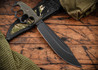 RMJ Tactical: Marauder - Trench Bowie - Dirty Olive G-10 - CPM-3V - Black Cerakote - Tiger Stripe Sheath