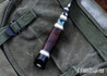 Alan Warren Custom Knives:#2712 Mini Fighter Boot Knife - Ironwood Burl - Fossil Walrus, Brass, Nickel Silver & Black G10 Accents - G10 Pommel w/Fossil Walrus Plug - CPM 154