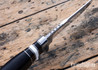 Alan Warren Custom Knives: #2711 Trailing Point Hunter - African Blackwood - Nickel Silver/Black G10/Fossilized Walrus Ivory Spacers - Aluminum Pommel - File Work - CPM-154