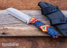 WK Forgeworks Custom Knives: Comanche XL - Multi Colored Linen Micarta - Blue &Red G10 Pins - 15N20