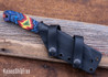 WK Forgeworks Custom Knives: Comanche XL - Multi Colored Linen Micarta - Blue &Red G10 Pins - 15N20