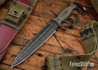 RMJ Tactical: Lady Death - Trench Knife - Dirty Olive G-10 - CPM 3V - Acid Etched - Oxblood Leather/Green Canvas Sheath