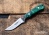  Alan Warren Custom Knives: #2722 Trailing Point Bird & Trout - Stabilized Dyed California Buckeye - Toxic Green G10 Liners - Fossilized Walrus Ivory/Brass Pins - Carbon Fiber Bolster - File Work - CPM-154 