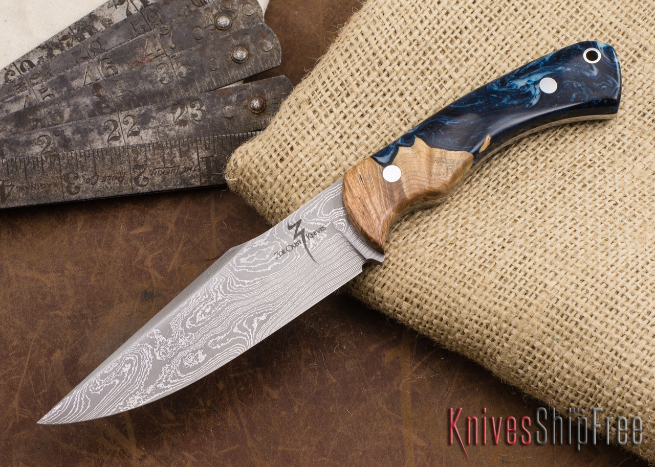 Zoe Crist Knives: Custom Damascus Santa Fe - Blue Acrylic Resin