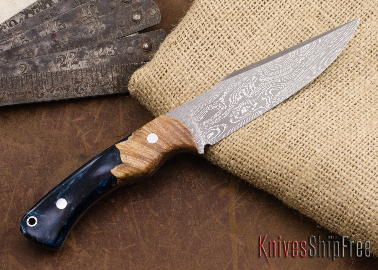 Zoe Crist Knives: Custom Damascus Santa Fe - Blue Acrylic Resin