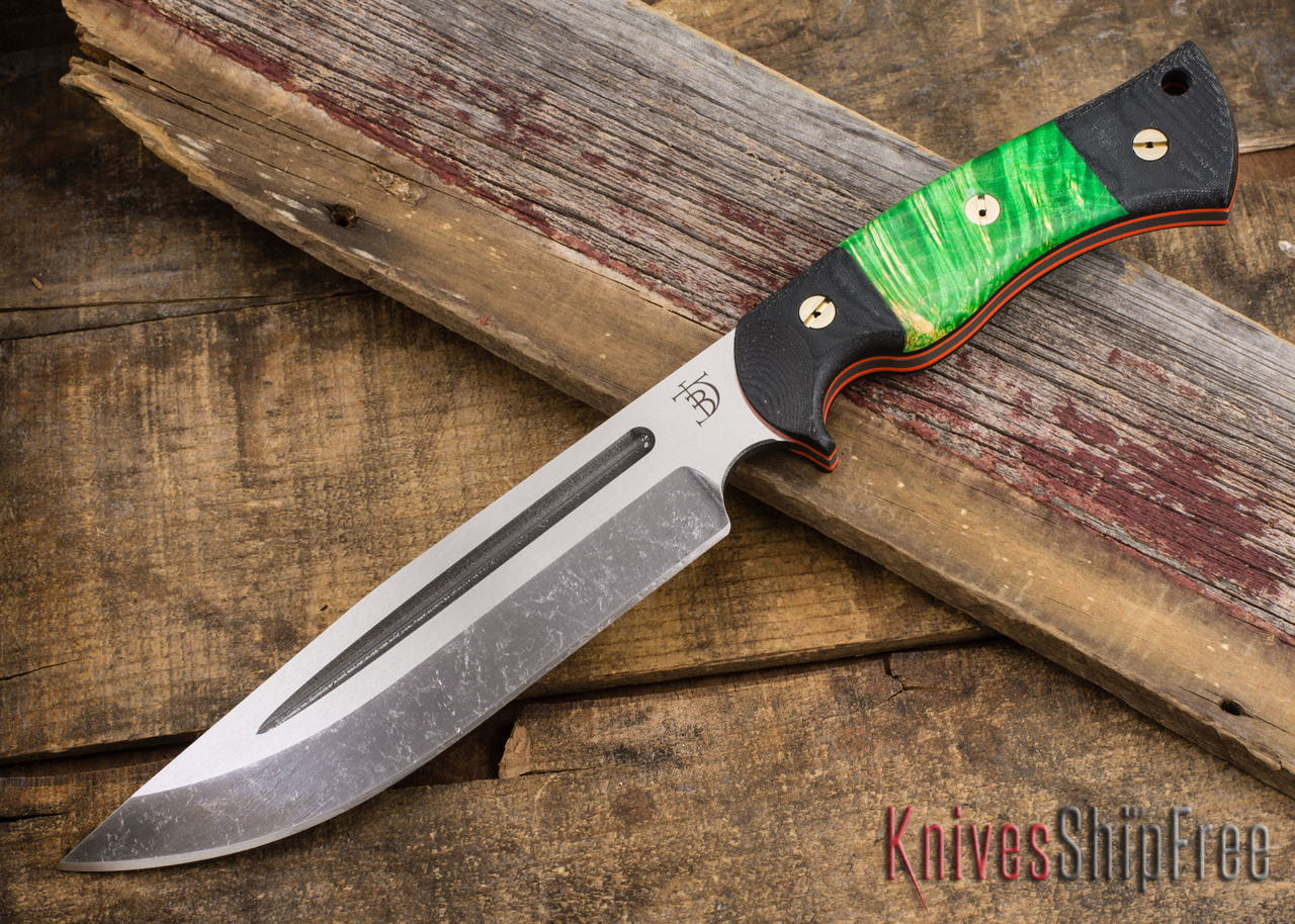 Dark Timber Knives: Honey Badger - CPM 3V - Black Micarta / Green Maple Burl Orange Liners - Acidwash