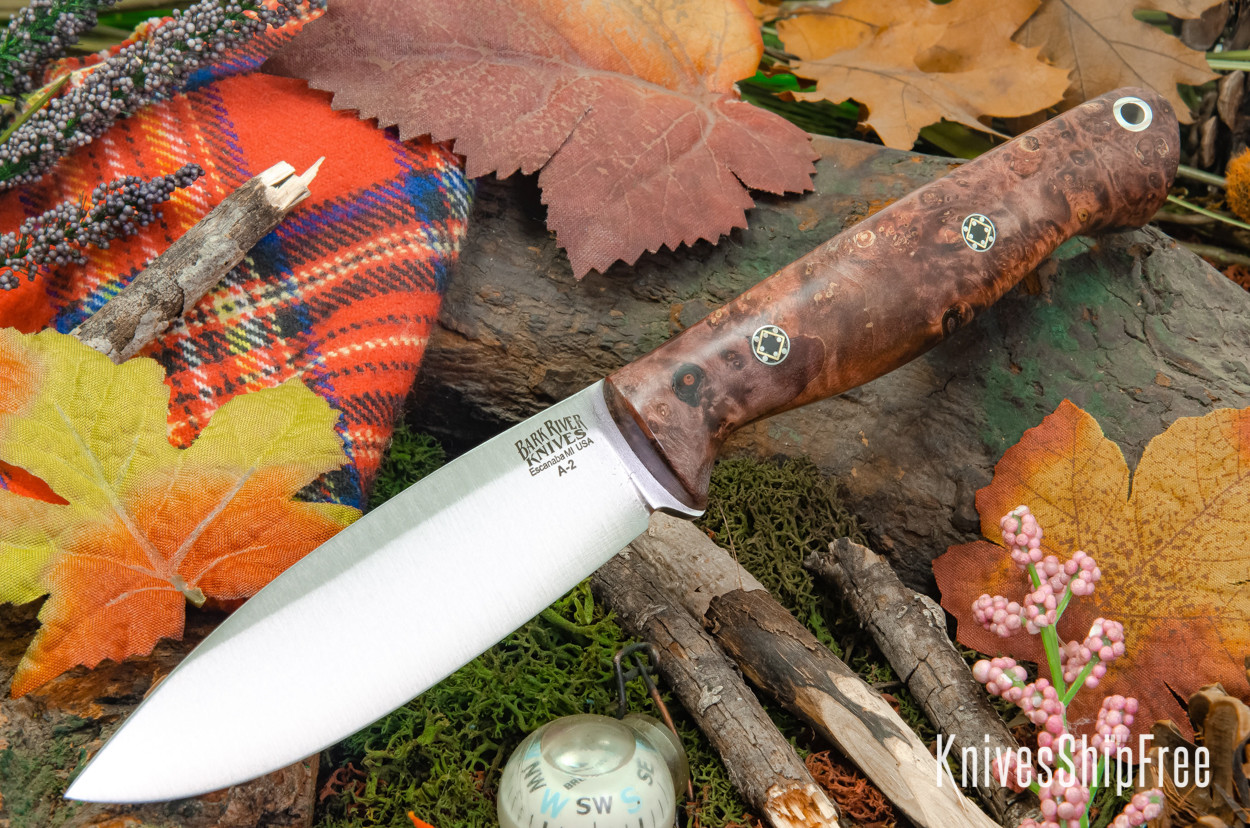 Bark River Knives: UP Gunny - Amethyst Maple Burl - Mosaic Pins