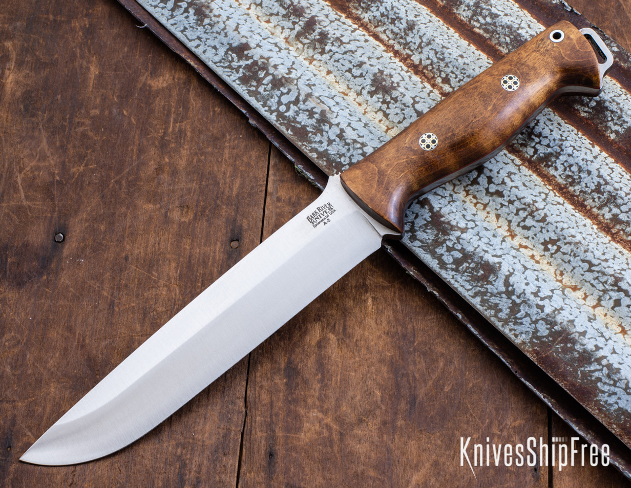 Bark River Knives: Bravo 2 - Dark Curly Maple - Red Liners - Mosaic