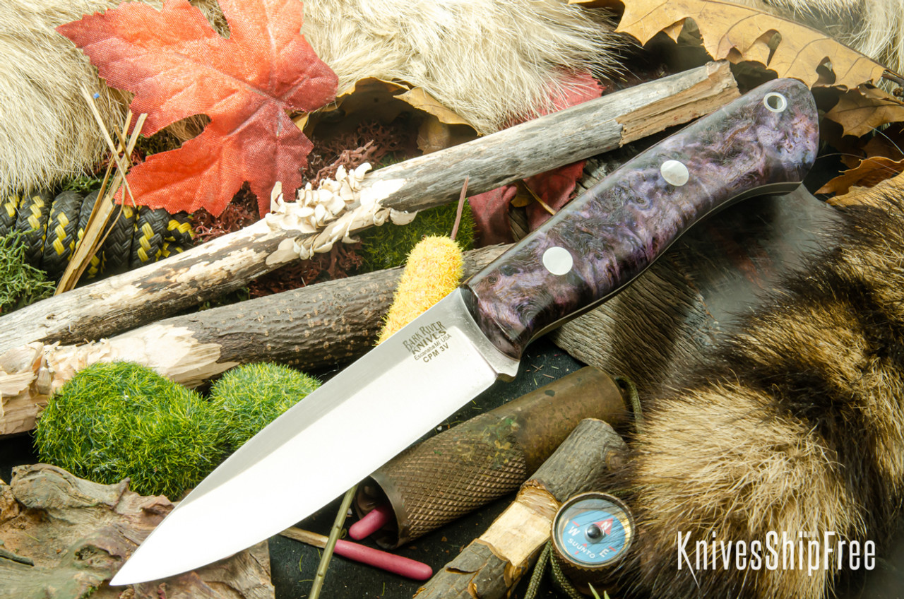 Bark River Knives: Aurora - CPM 3V - Purple Maple Burl - White Liners