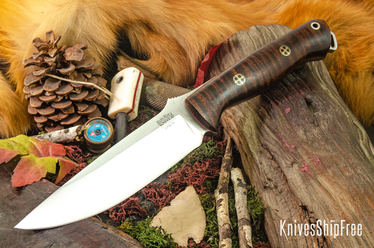 Bark River Knives: Bravo Vortex - CPM 3V - Dark Curly Maple - Red