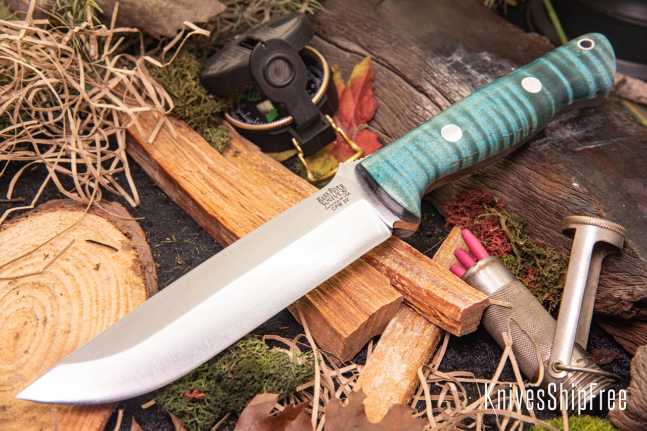 Bark River Knives: Bravo 1.5 - CPM 3V - Teal Tigertail Maple Burl #1