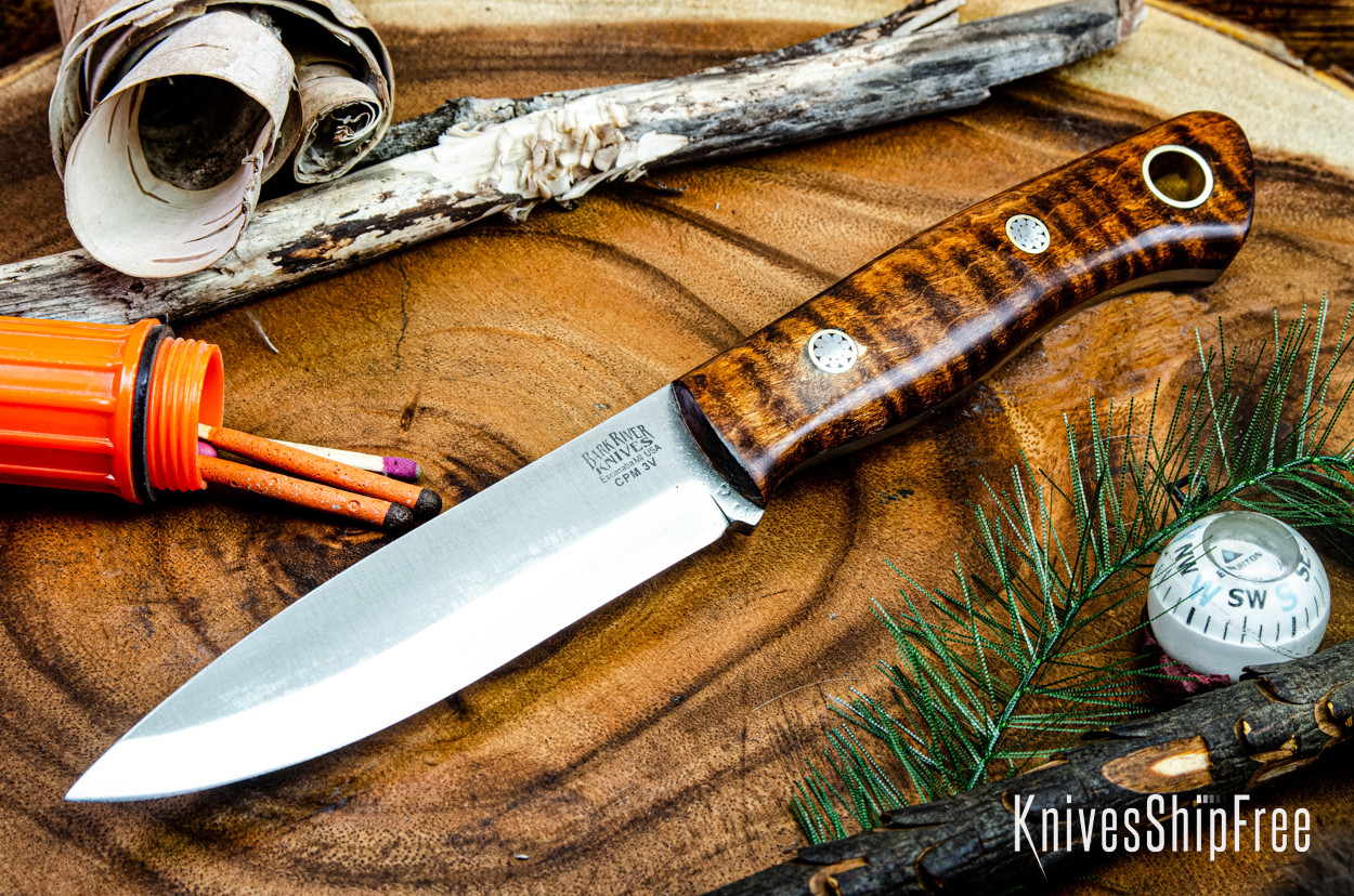 Bark River Knives: Aurora Scandi 3V - Dark Curly Maple - Mosaic Pins
