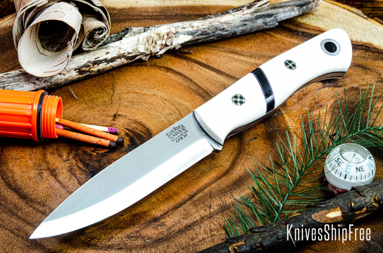Bark River Knives: Aurora Scandi 3V - White Linen Micarta - Onyx